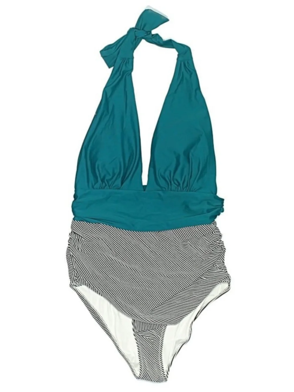 ☀️ Cupshe One Piece Swimsuit 1X Teal Halter Plunge Striped Bottom NWT